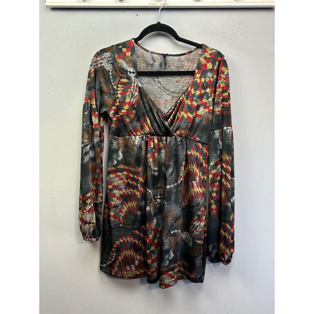Lapis Tunic Top Women‎ Large Multicolor Geometric Print Empire Waist Boho V-Neck